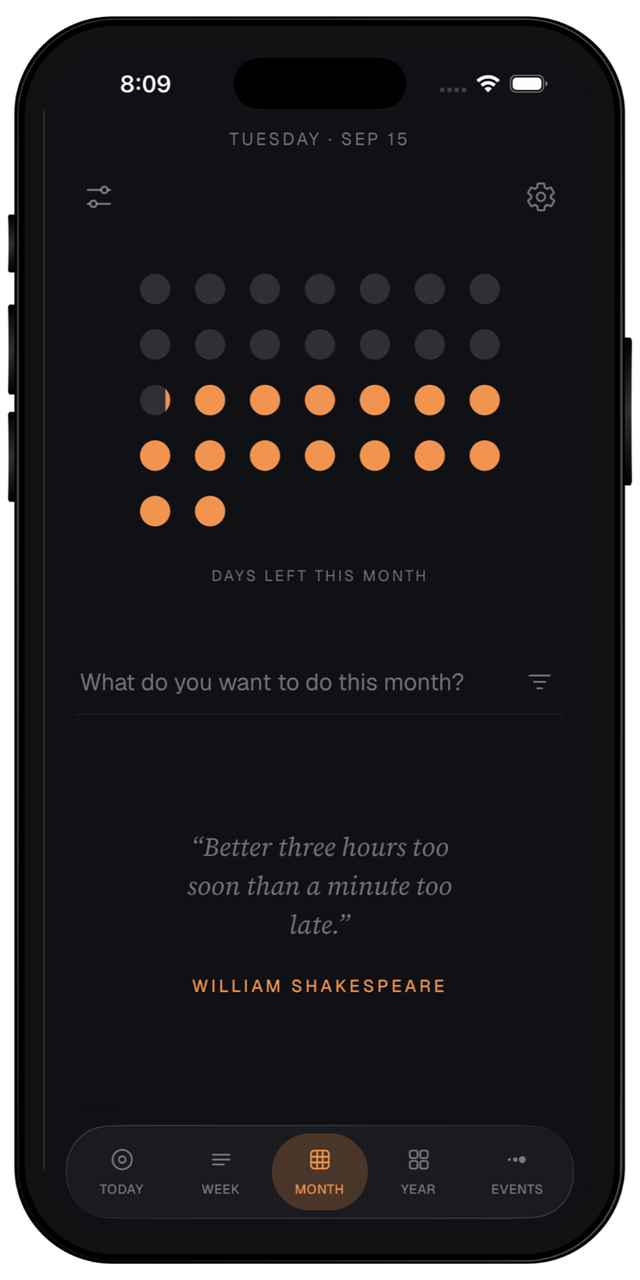 The month screen showing a grid of dots, one per day, with the remaining days still lit.