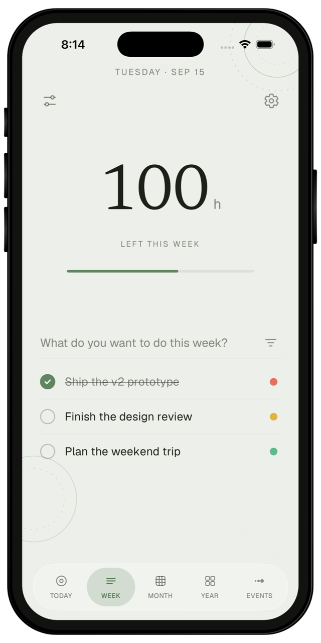 The week screen with 100 hours left and a list of three goals below it, one ticked off.
