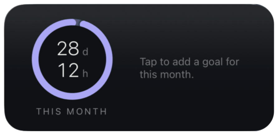 The This Month widget at the larger size: a ring with 28 days 12 hours left beside an empty goal list reading “Tap to add a goal for this month.”