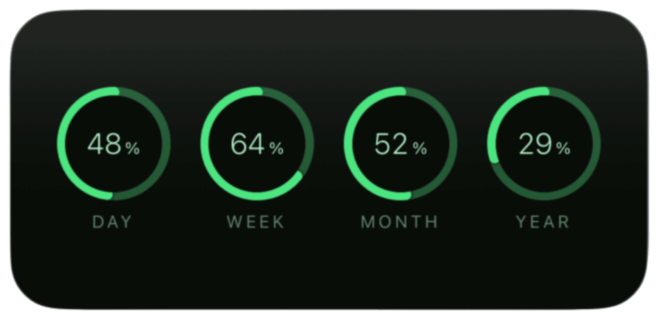 The Overview widget: four rings showing 48% of the day, 64% of the week, 52% of the month and 29% of the year still to go.